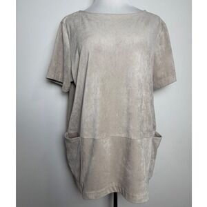 J. Jill Faux Suede Tunic Top L Short Sleeve MInimalist Lagenlook Earthy Neutral